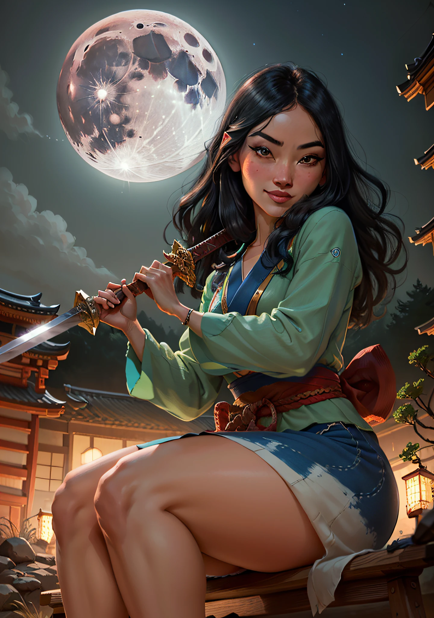 (MulanWaifu:1), smile, cute, cute pose, looking at viewer, thick thighs, (japanese clothes:1.2), breast focus, from below, (sitting:1),
(realistic:1.2), (realism), (masterpiece:1.2), (best quality), (ultra detailed), (8k, 4k, intricate),(full-body-shot:1),(Cowboy-shot:1.2), (85mm),light particles, lighting, (highly detailed:1.2),(detailed face:1.2), (gradients), sfw, colorful,(detailed eyes:1.2),
(detailed ladscape, japanese garden, night, moon light, sword:1.2),(detailed background),detailed landscape, (dynamic angle:1.2), (dynamic pose:1.2), (rule of third_composition:1.3), (Line of action:1.2), wide shot, daylight, solo,
<lora:Mulan_character-20:0.6>