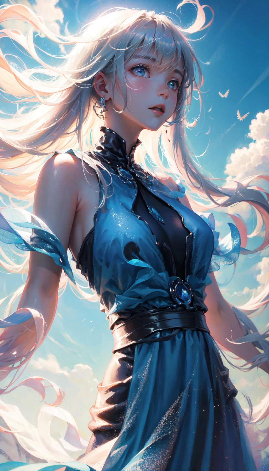 masterpiece, best quality, movie still, cloud girl, floating in the sky, (close-up:1.1), bright, happy, fun, soft lighting