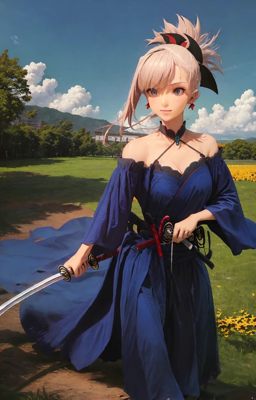 best quality, (masterpiece:1.5),(ultra-detailed), (high quality:1.3), (high resolution),battōjutsuswing, weapon, sword,katana, 1girl,
1girl, <lora:miyamotoMusashiFate_v10:1:CLOTHES>,bare shoulders, magatama, long hair, japanese clothes, ponytail, hair ornament, detached sleeves, asymmetrical hair, jewelry, earrings
(midday:1.5),(sunny:1.5),(Blue sky:1.2), nature,