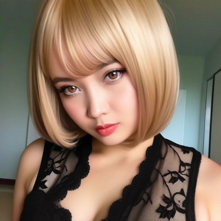 RAW photo,(high detailed skin:1.2), 8k uhd, dslr, soft lighting, high quality, film grain, Fujifilm XT3,MODELSHOOT STYLE,a close up of a girl, beautiful woman,blonde hair, wig, snapchat photo, dramatic smirk pose, short hair, loving stare,contest winner, stream, charmed sexy look, overlay, <lora:virtualgeisha_v01:.8>