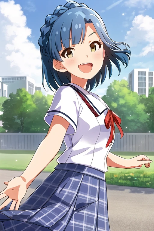 YURIKO NANAO,

1girl, :d, blue hair, blush, braid, cloud, cloudy sky, day, fence, grey skirt, looking at viewer, open mouth, plaid, plaid skirt, pleated skirt, reaching towards viewer, red ribbon, ribbon, round teeth, school uniform, shirt, short hair, short sleeves, skirt, sky, smile, solo, teeth, white shirt, yellow eyes

<lora:mirishita-v2.1:1>