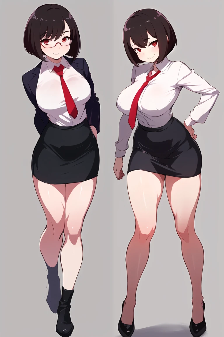 (best quality, masterpiece1.2), detailed,1girl, solo,looking at viewer,simple background,from above
dynamic pose,smile ,detailed eyes , full body, red eyes, dark hair ,  bob cut, office lady, mature female, necktie, glasses, miniskirt,
<lora:BokumanArtistY-18:0.8>,bokuman