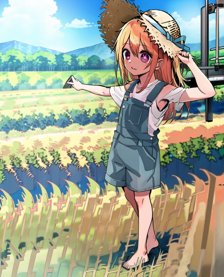(Ruby child:1.2); fanart; 1girl, solo, red ribbon, farmhand overall,
from front,
bare shoulders, bare feet, straw hat, detailed farmstead, farm crops, bare arms
<lyco:oshinoko_0414_extract32783_convP01_linearP04:1>