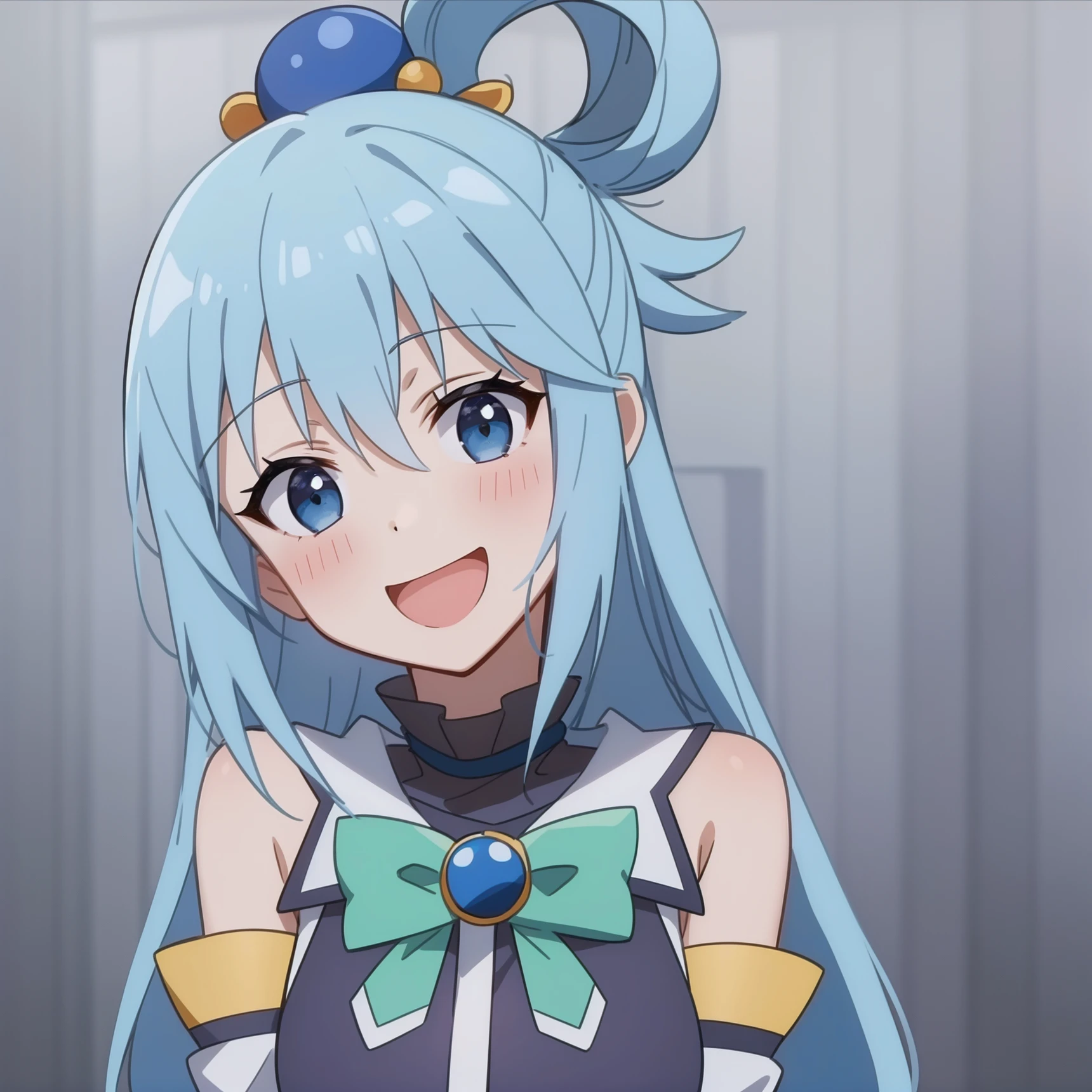 ,<lora:Aqua:1>,
anime screencap,anime coloring,
1girl, long hair, solo,open mouth,smile,upper body,head tilt, blue hair, blue eyes, detached sleeves, black background, hair ornament,simple background, bare shoulders, single hair ring,green bow, looking at viewer, blue shirt,