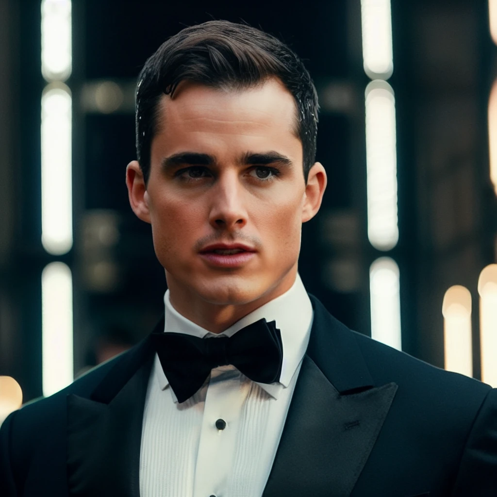 RAW face closeup portrait of pietroboselli person wearing a tuxedo, professional photography, in blade runner, high resolution, 4k, 50mm, vaporwave, photo by Brooke Shaden,   <lora:pietroboselli_5550:1>