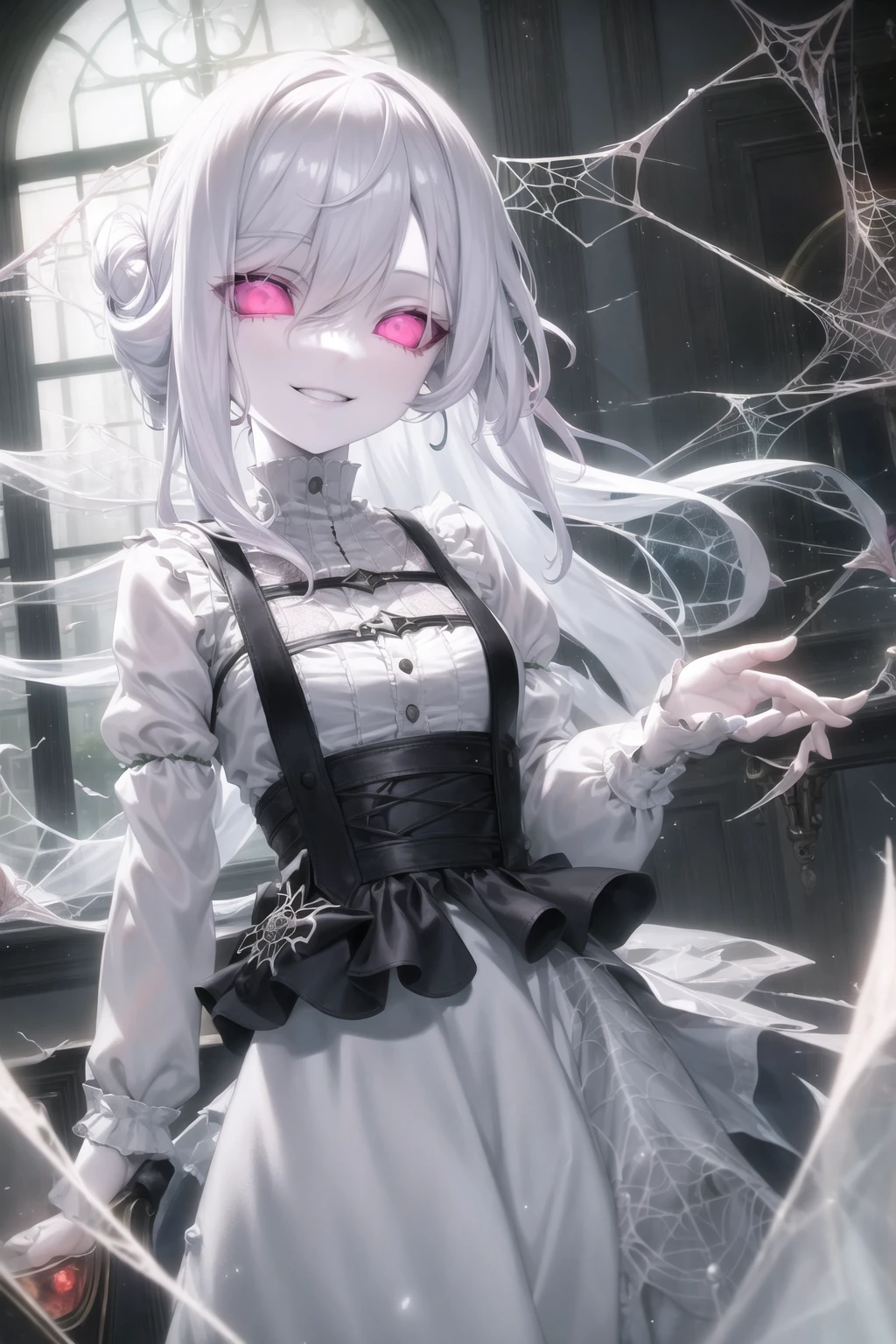 solid eyes, colored sclera, pink eyes, smile, torn clothes, indoors, white skin, pale skin, light blue hair, floating hair, mansion, spider web, ghost, ghost girl, window, rain, broken glass, <lora:Solid-10:0.6>