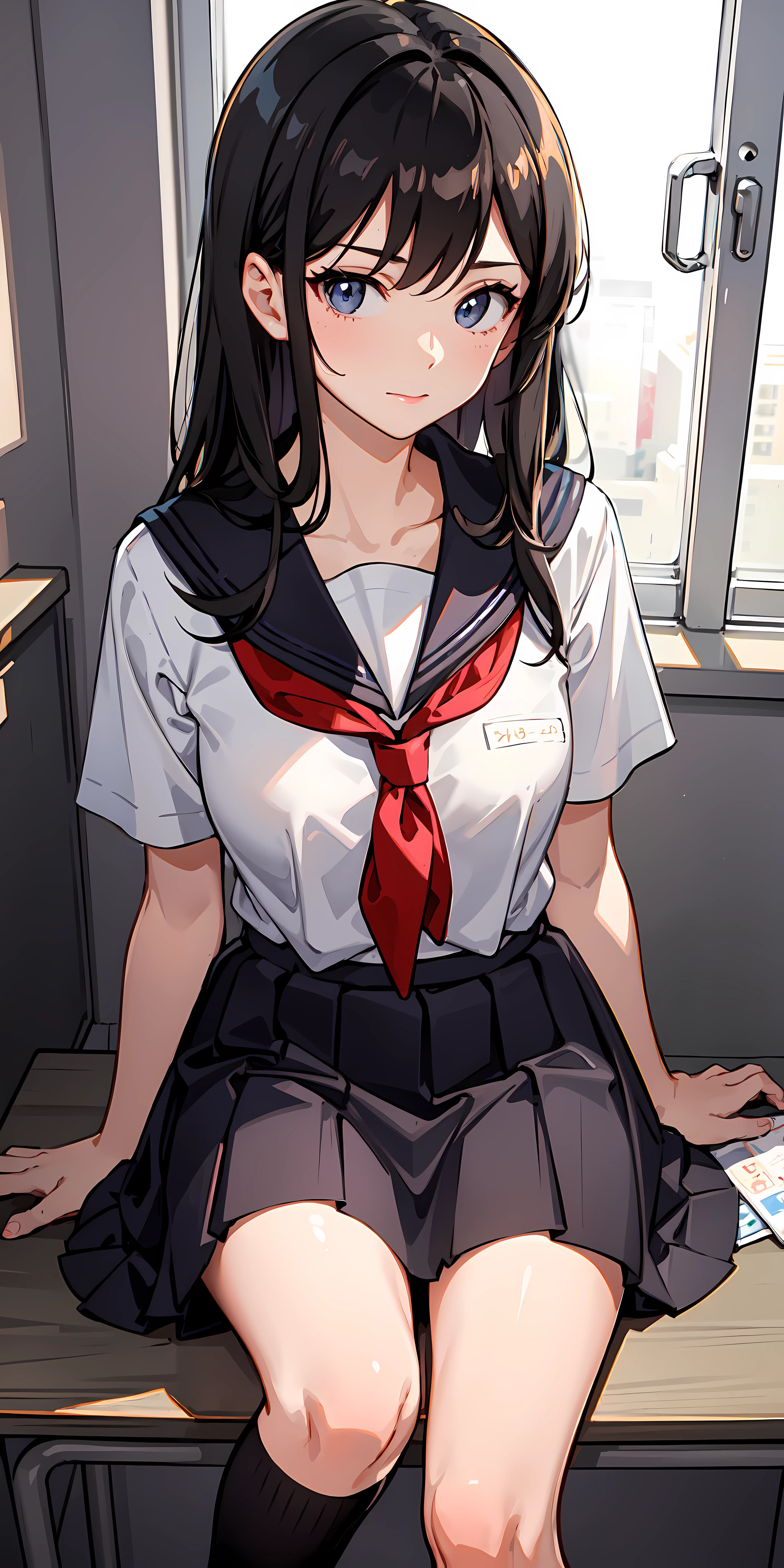 1girl, black hair, school uniform, indoors, glowing, sidelighting, wallpaper,
