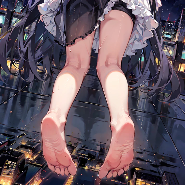 1girl, (night city:1.2), legs, feet soles, (seen from the back:1.2)