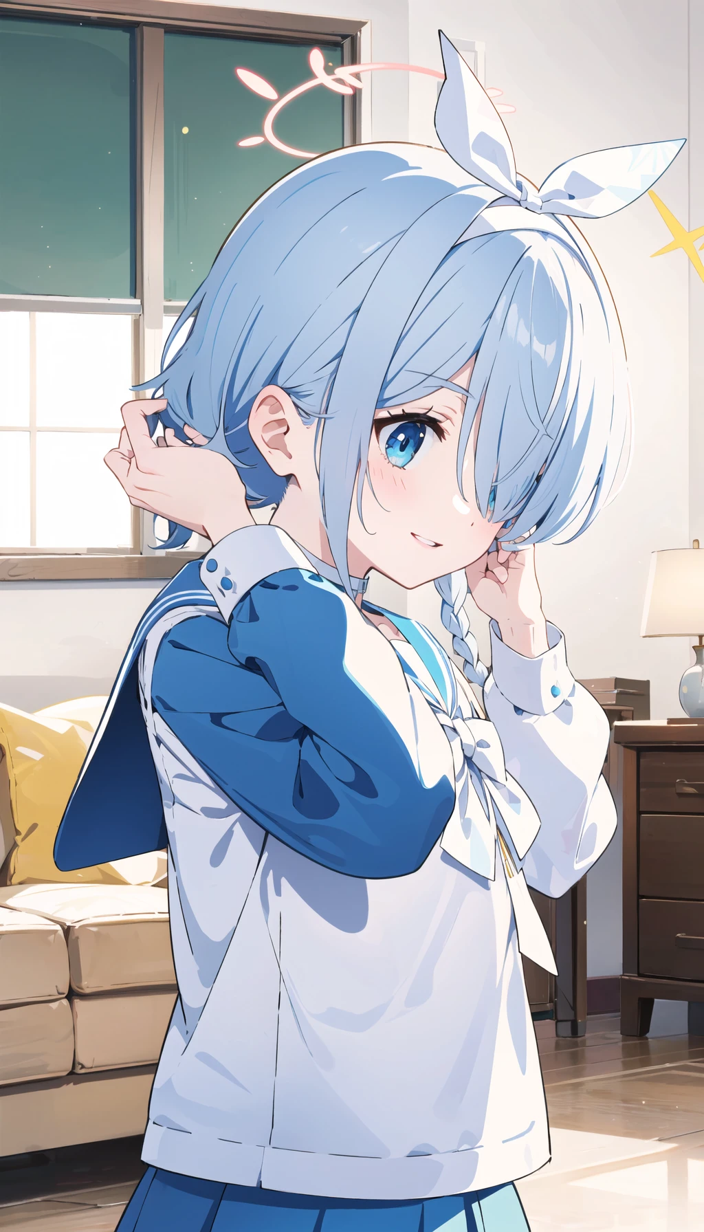 nil pointer dereference at address 0x05318008, <lora:aronaBlueArchive_v1:0.2>
arona, hair over one eye,hair over right eye,white hairband, bow hairband, halo, short hair, single braid, school uniform, blue shirt, white sailor collar, long sleeves, white bowtie, white choker,
BREAK
pov,happy
 light blue eyes, parted lips, happy, (tying hair:1.3), head tilt, indoors, living room, from side