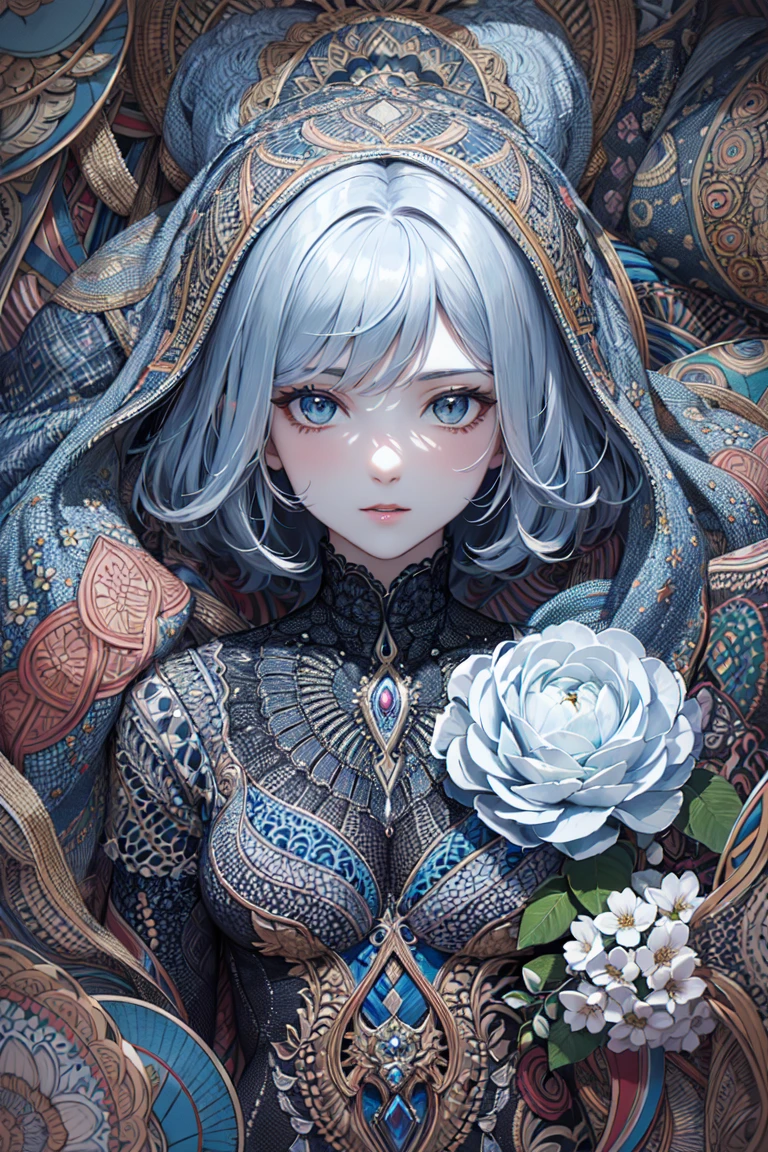 absurdres, highres, ultra detailed, (ultra-detailed background, detailed background), extremly detailed, 1girl, bunch of flowers, (zentangle:1.2), (geometric:1.2),