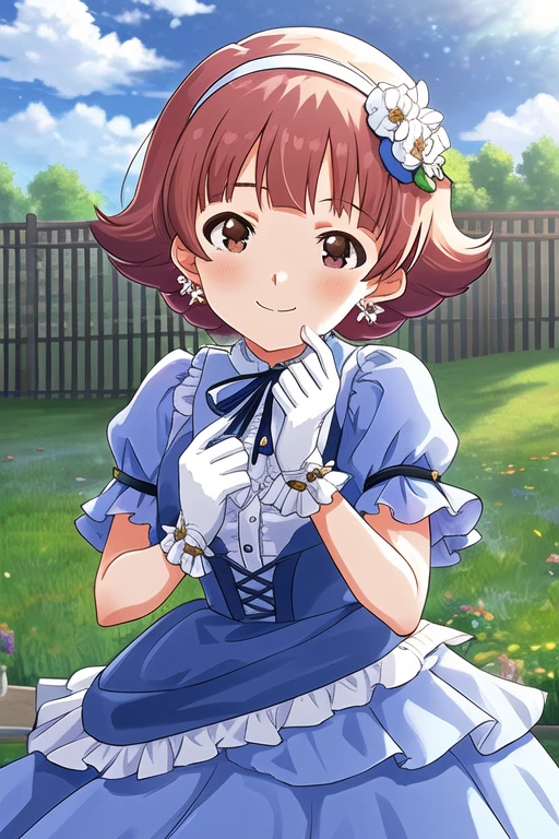 AKANE NONOHARA,
1girl, blue dress, blue ribbon, blush, brown eyes, brown hair, closed mouth, cloud, cloudy sky, dot nose, dress, earrings, fence, flower, frilled dress, frills, gloves, hair flower, hair ornament, hair ribbon, hairband, jewelry, looking at viewer, neck ribbon, puffy short sleeves, puffy sleeves, ribbon, short hair, short sleeves, signature, sky, smile, solo, tree, white gloves

<lora:mirishita-v2.1:1>