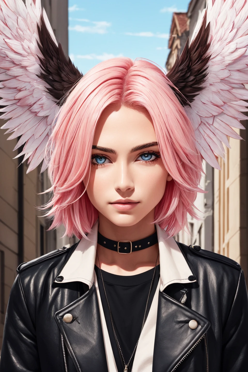 (masterpiece, best quality, ultra-detailed, highres),1boy, male focus, solo, mature skin, stubble, facial hair, beard, long beard, ((pale skin)), ((two tone white and pink hair)), old age, elderly face, wrinkled skin, ((age 65)), ((brown eyes)), blue tshirt, leather jacket, open jacket, wild hair, short hair, angel wings, cat ears, animal ears, depth_of_field, very detailed background, extreme light and shadow,(detailed eyes), (detailed skin), lustrous skin,(bloom), (shine), (detailed fabric), (beautiful) beautiful detailed eyes, city background, (emo punk style), lens flare, summer:1.2, perfect lighting , perfect anatomy, upper body, dynamic angle, pov