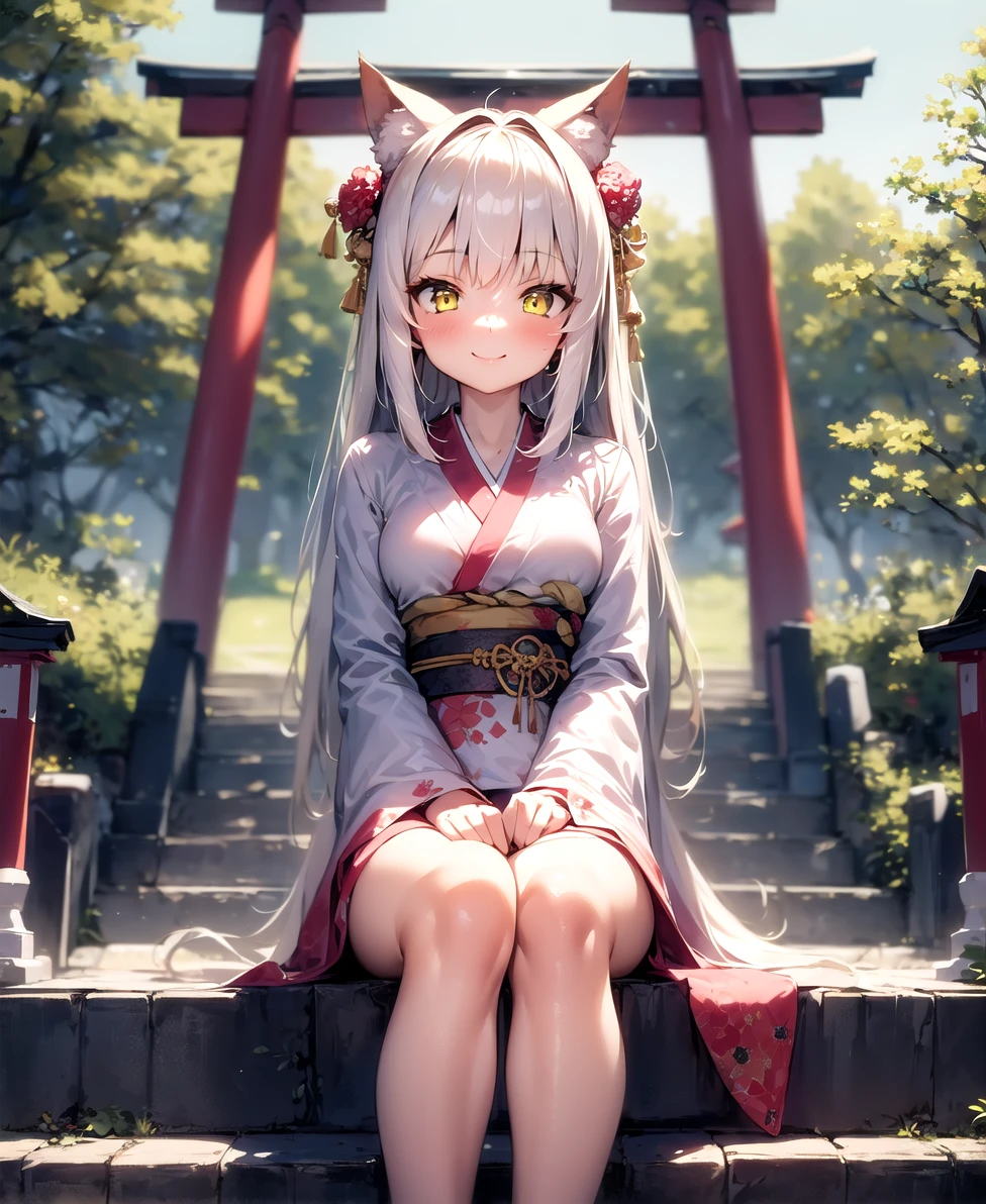 masterpiece, best quality, 1girl, yellow eyes, long hair, white hair, kimono, smile, hair ornament, animal ears, tree, ribbon, long sleeves, stairs, path, torii, sitting, arms behind back, floral print, medium breasts,
