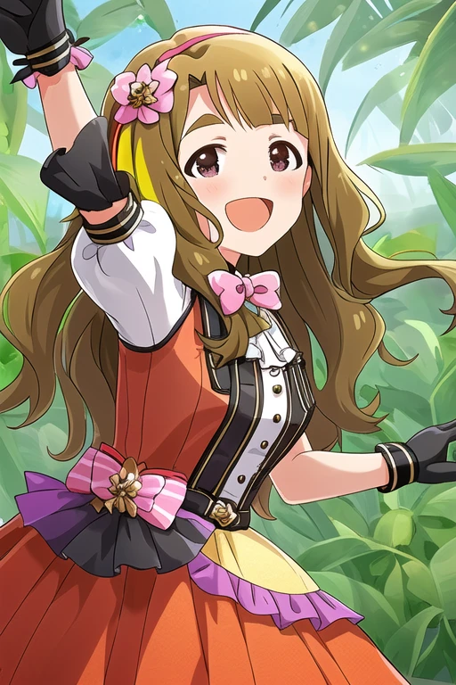 MIYA MIYAO,

1girl, arm up, black gloves, bow, brown eyes, brown hair, bug, butterfly, dress, flower, from side, gloves, gradient background, hair flower, hair ornament, hairband, holding, insect, layered dress, long hair, looking at viewer, multicolored clothes, multicolored dress, open mouth, pink ribbon, puffy sleeves, ribbon, single glove, smile, solo, thick eyebrows, waist bow, yellow background

<lora:mirishita-v2.1:1>