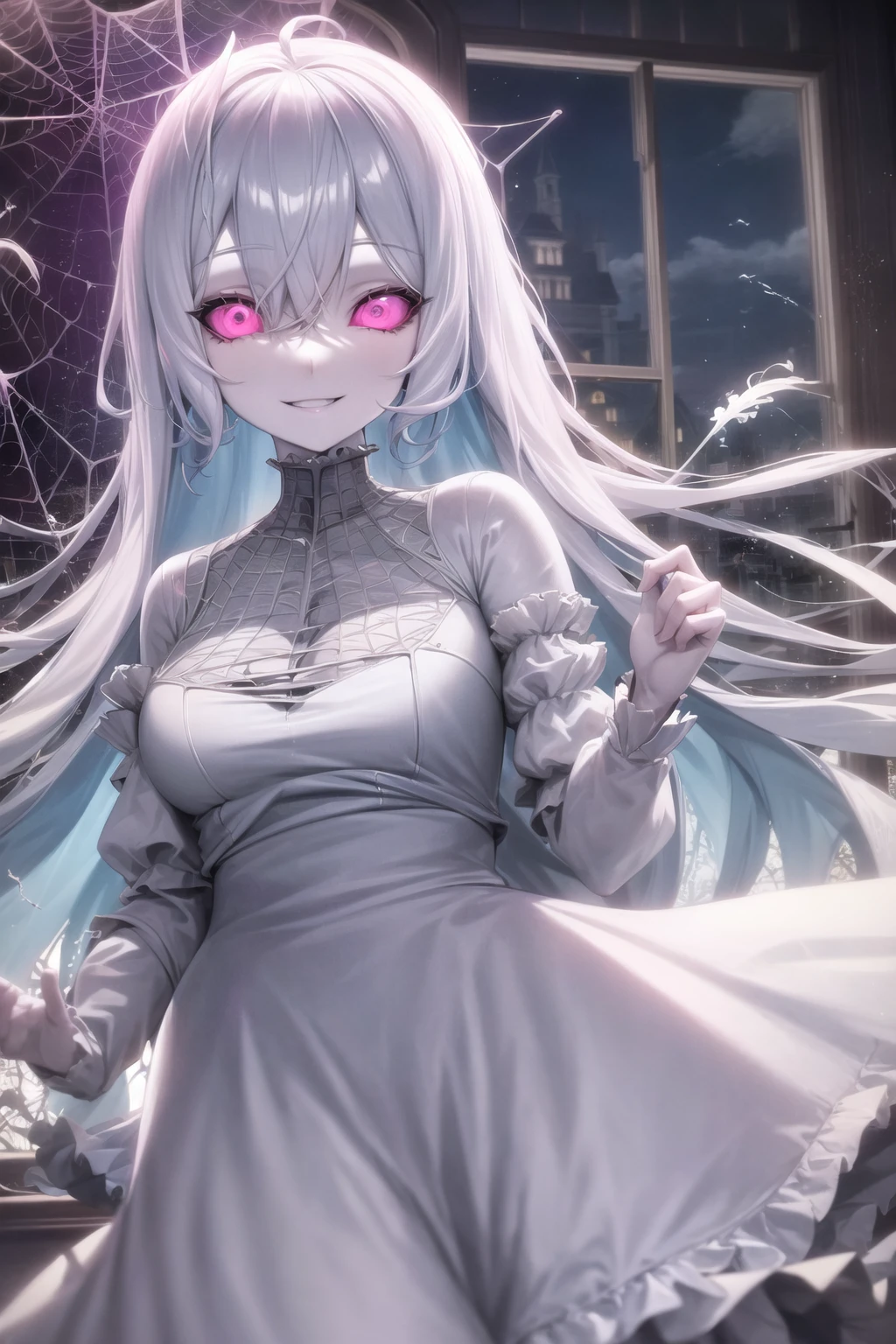 solid eyes, colored sclera, pink eyes, smile, torn clothes, indoors, white skin, pale skin, light blue hair, floating hair, mansion, spider web, ghost, ghost girl, window, rain, broken glass, <lora:Solid-10:0.6>