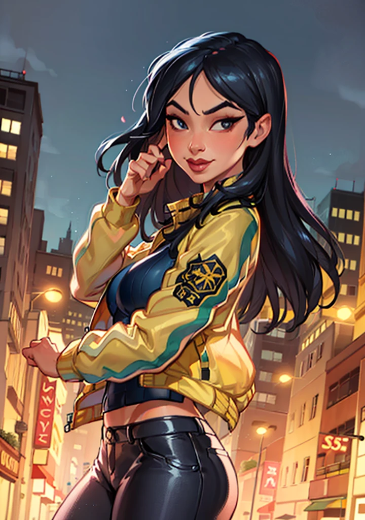 (MulanWaifu:1), smile, cute, cute pose, looking at viewer, thick thighs, (jacket, pants:1.2), breast focus, from side,
(realistic:1.2), (realism), (masterpiece:1.2), (best quality), (ultra detailed), (8k, 4k, intricate),(full-body-shot:1),(Cowboy-shot:1.2), (85mm),light particles, lighting, (highly detailed:1.2),(detailed face:1.2), (gradients), sfw, colorful,(detailed eyes:1.2),
(detailed ladscape, city, night, neon lights, buildings:1.2),(detailed background),detailed landscape, (dynamic angle:1.2), (dynamic pose:1.2), (rule of third_composition:1.3), (Line of action:1.2), wide shot, daylight, solo,
<lora:Mulan_character-20:0.6> <lora:reiqStyleLORA_v2:0.6>