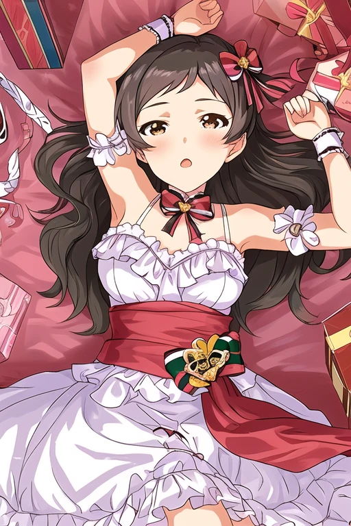 SHIHO KITAZAWA,
1girl, armpits, bare shoulders, black ribbon, blush, bow, box, breasts, brown eyes, brown hair, card, cat, dress, dress bow, frilled dress, frills, gift, gift box, heart-shaped box, knee up, long hair, looking at viewer, lying, medium breasts, moon (ornament), neck ribbon, on back, on bed, open mouth, parted lips, ribbon, sash, solo, white dress, white headwear, white wrist cuffs

<lora:mirishita-v2.1:1>