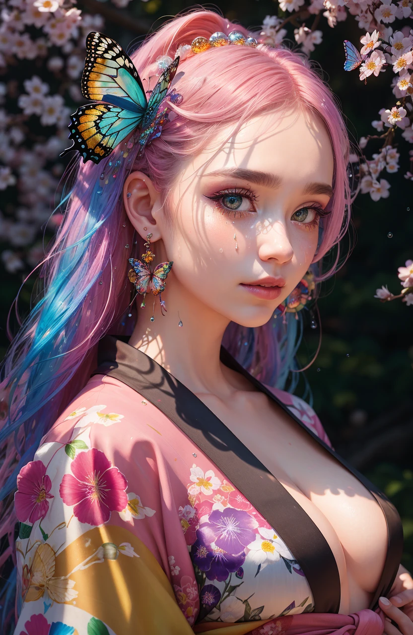 shukezouma, octane render, hdr, (hyperdetailed:1.15), (soft light, sharp:1.2), 1girl, beautiful girl, ultra detailed eyes, mature, plump, thick, rainbow painting drops, paint teardrops, woman made up from paint, entirely paint, splat, splash, long colored hair, kimono made from paint, ultra detailed texture kimono, rainbow paint kimono, paint bulb, paint drops, (hair ornaments, earrings, flowers hair ornaments, butterflies hair ornaments), outdoors, sakura trees