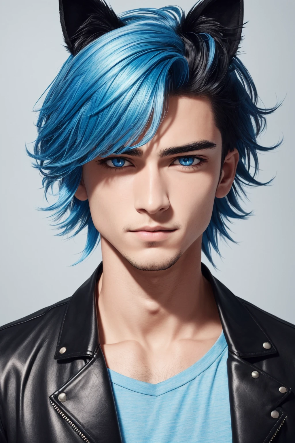(masterpiece, best quality, ultra-detailed, highres, masculine), ((1boy, male focus, solo)), ((brown eyes)), eyes, nose, closed mouth,((two tone blue hair)),((pale skin)), mature skin, stubble, facial hair, beard, long beard,(cat ears, animal ears), (covered ears), ((hair over ears)),emo punk style, goth makeup ,blue tshirt, shirt, leather jacket, open jacket, wild hair, short hair, (angel wings), depth_of_field, very detailed background, extreme light and shadow,(detailed eyes), (detailed skin), lustrous skin,(bloom), (shine), (detailed fabric), (beautiful) beautiful detailed eyes, perfect lighting , full body,  perfect anatomy,[bottle bottom], dynamic angle,