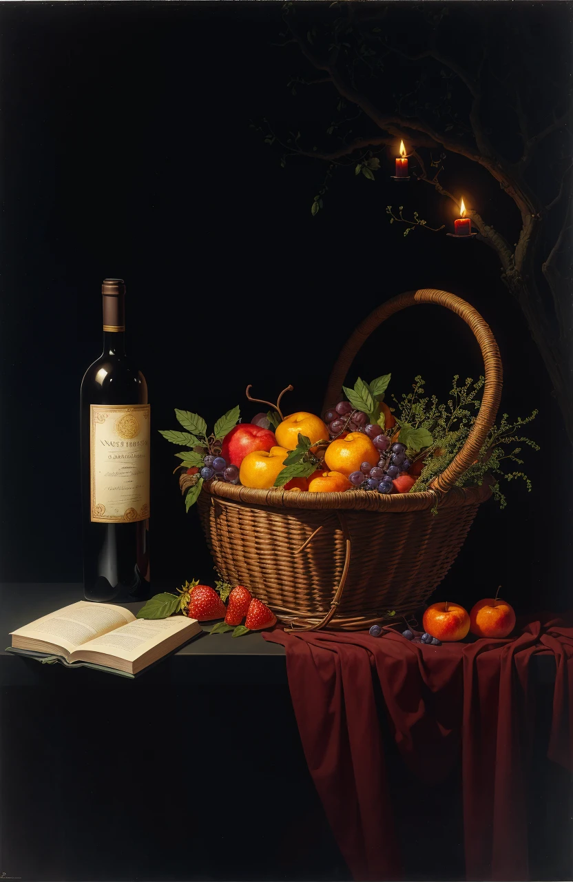 alchemy fantastic still life composition with plump fruit in a basket, black background, a wine bottle and a jade plant, an astrology book, a candle, an eerie and gloomy atmosphere, rule of thirds, neoclassical surrealism, hyperrealistic oil painting, art in the style of Felipe Pantone