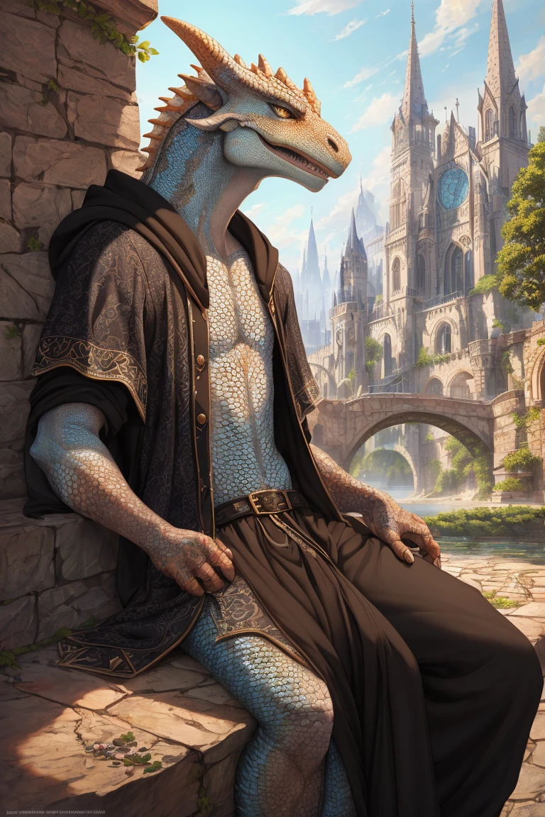 uploaded on e621, anthro, nsfw, explicit, explict, (dragonborn:1), high res, (detailed realistic image:1), (detailed eyes, beautiful expressive eyes:1), impasto impressionism, insane details, soft, (hyper realistic scales:1), (detailed scales:1), pupils, (scale covered body), (male:1), (dragonborn features:1), (expressive face, detailed face:1), (realistic:1), (photorealistic, photo-realistic:1), full color, (3d:1), (highly detailed:1.2), masterpiece, 8k uhd, (seductive, seductive smirk:1), (fantasy city background), (looking at viewer), (full-length view), (detailed colorful scales:1), lounging, (white scales), (black robes, pants, shirt)