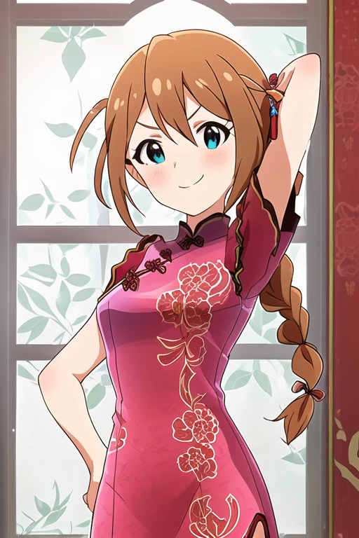 KONOMI BABA,
1girl, aqua eyes, arm behind head, blue eyes, blush, braid, breasts, brown hair, china dress, chinese clothes, closed mouth, dress, floral print, hair over shoulder, hair ribbon, hand on own hip, long hair, looking at viewer, red background, red dress, red ribbon, ribbon, short sleeves, single braid, small breasts, smile, solo, v-shaped eyebrows, window

<lora:mirishita-v2.1:1>