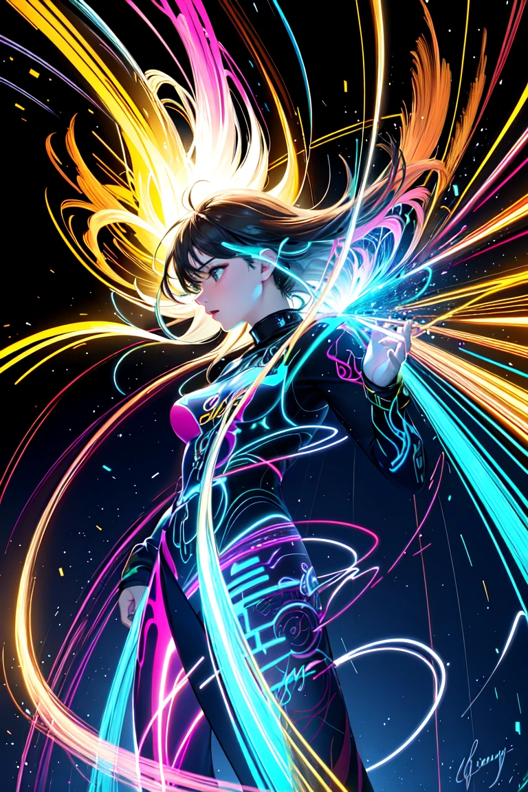 masterpiece, best quality, light painting, (long exposure:1.2),dynamic streaks, luminous trails, vibrant colors, fluid movement, captivating patterns, creative experimentation,(1girl:1.2),(cowboy shot:1.2)