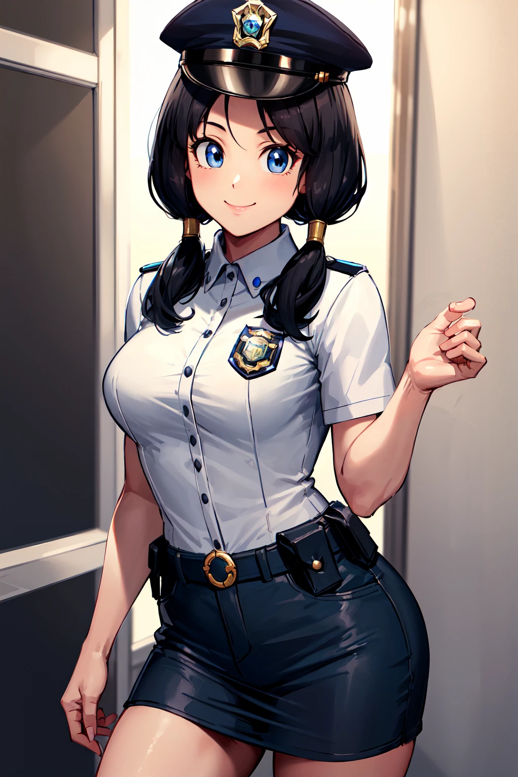 masterpiece, best quality, highres, videl2, solo, blue eyes, black hair, twintails, medium breasts, <lora:videl_v10:0.7>, police uniform, police hat, smile, standing, police_office,