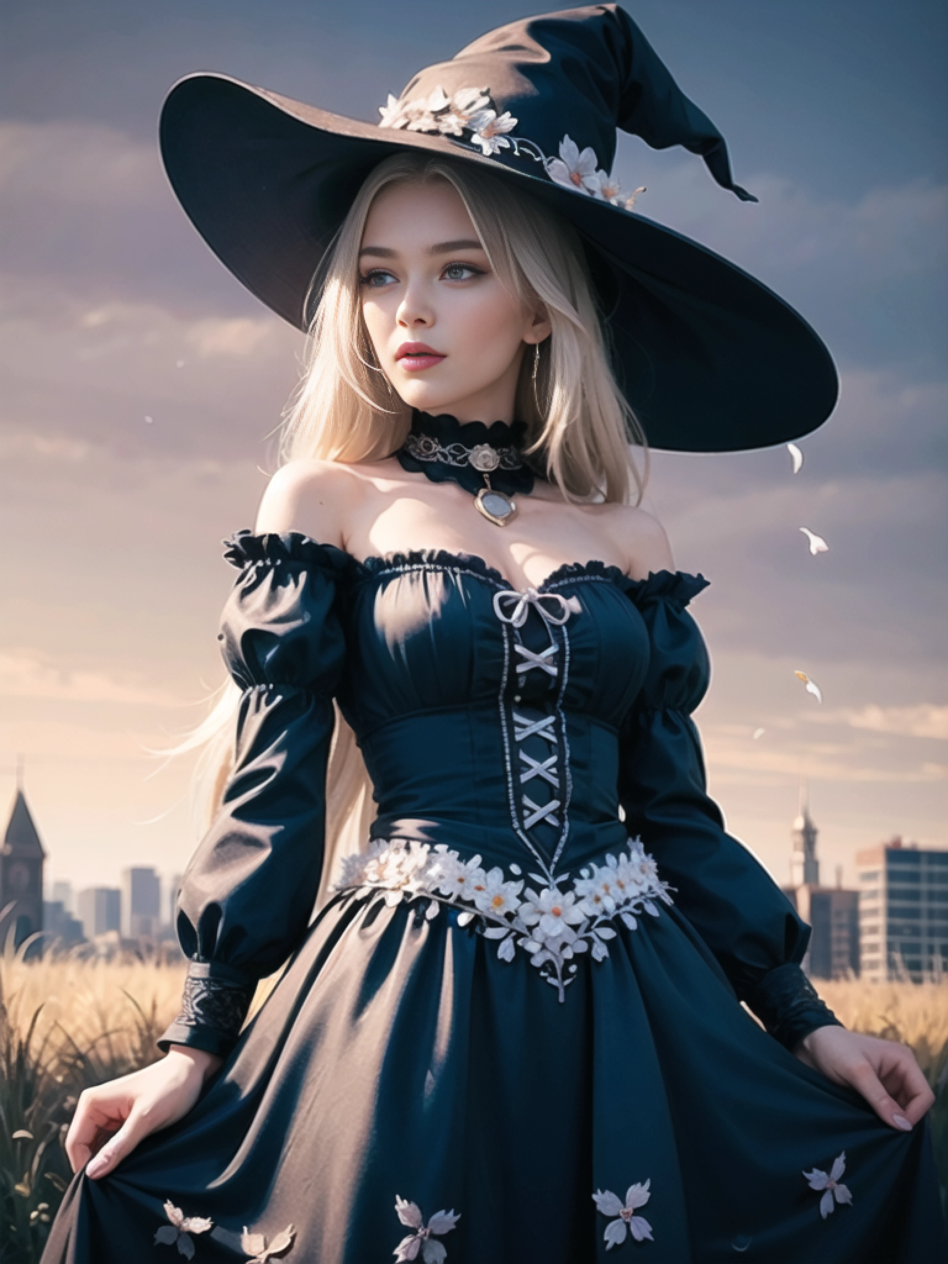 masterpiece, best quality, 1girl, cute lady, witch, (colorful),(finely detailed beautiful eyes and detailed face),cinematic lighting, bust shot, extremely detailed CG unity 8k wallpaper, white hair, solo, smile, intricate skirt,((flying petal)),(Flowery meadow) sky, cloudy_sky, building, moonlight, moon, night, dark theme, light, fantasy, <lora:aToZovyaRPGArtists_v2Art:0.3> <lora:englishdolllikeness_v10:1>