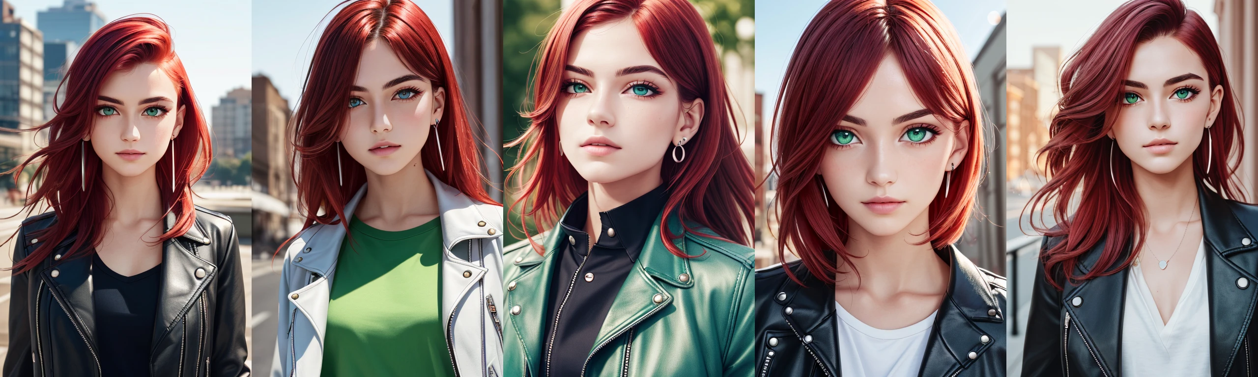 (masterpiece, best quality, ultra-detailed, highres),1girl, solo, ((pale skin)), ((red hair)), ((green eyes)), blue tshirt, leather jacket, open jacket, silver earrings, long_hair, depth_of_field, very detailed background, extreme light and shadow,(detailed eyes), (detailed skin), lustrous skin,(bloom), (shine), (detailed fabric), (beautiful) beautiful detailed eyes, city background, (emo punk style), lens flare, summer:1.2, perfect lighting , perfect anatomy, upper body, dynamic angle, pov