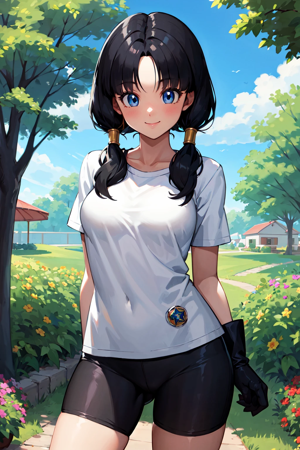 masterpiece, best quality, highres, videl2, solo, blue eyes, black hair, twintails, black gloves, bike_shorts, bangs, white shirt, badge, medium breasts, <lora:videl_v10:0.7>, cowboy shot, smile, arm behind back, garden,