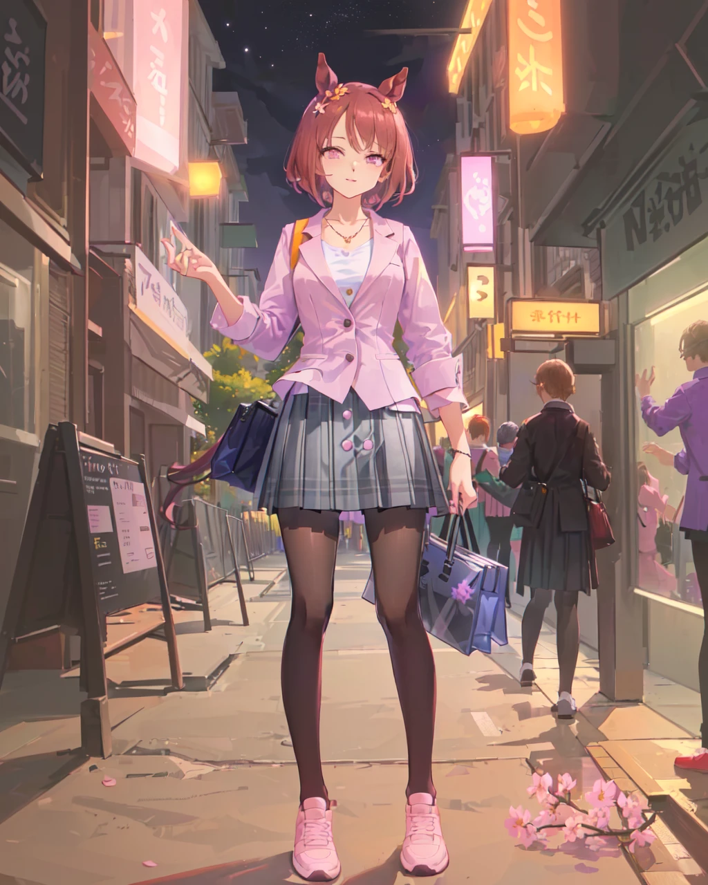SFW, (night:1.7), moon, city lights, cityscape,
sakura_laurel_ca, 1girl about 17 years old, (solo), horse_ear, horse_tail, (medium breasts), standing
(short_brown_hair), sakura_shaped_pupils, (purple_eyes:1.2), necklace, collarbone, grey_plaid_skirt, (pink_button_shirt:1.2),(white_topfly), half_sleeves, shoes, short_hair, shoulder_bag, pantyhose, red_sport_shoes
<lyco:sakura_laurel_LyCORIS_AdamW8bit_v1.0:0.7>