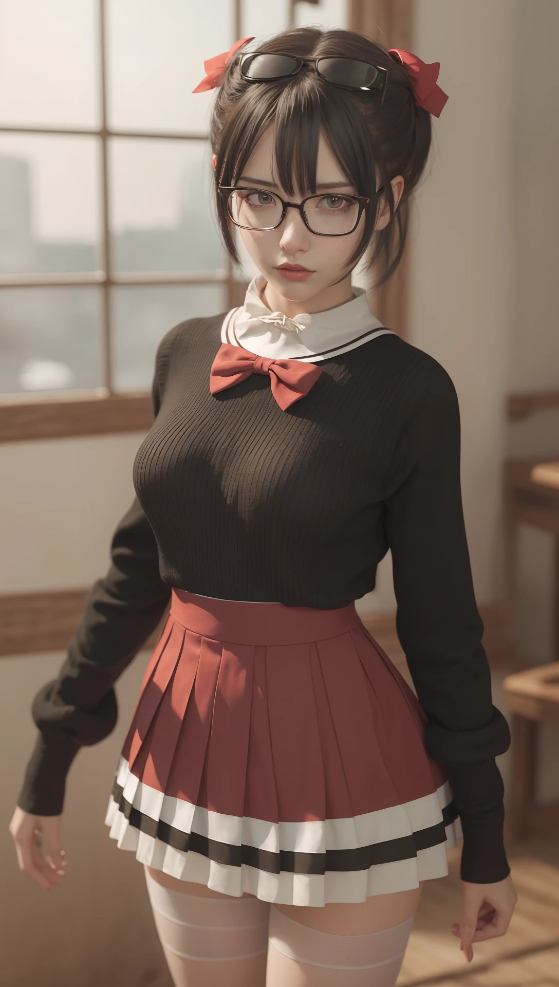 <lora:lou:1>,best quality ,masterpiece,1girl,3d , realistic,CG ,unity ,8k wallpaper, black-framed_eyewear, black_hair, bow, eyewear_removed, fishnet_legwear, glasses, holding, holding_eyewear, lips, long_sleeves, looking_at_viewer, makeup, over-rim_eyewear, pantyhose, pleated_skirt, realistic, red-framed_eyewear, red_bow, red_lips, round_eyewear, sailor_collar, school_uniform, semi-rimless_eyewear, serafuku, short_hair, skirt, solo, standing, under-rim_eyewear