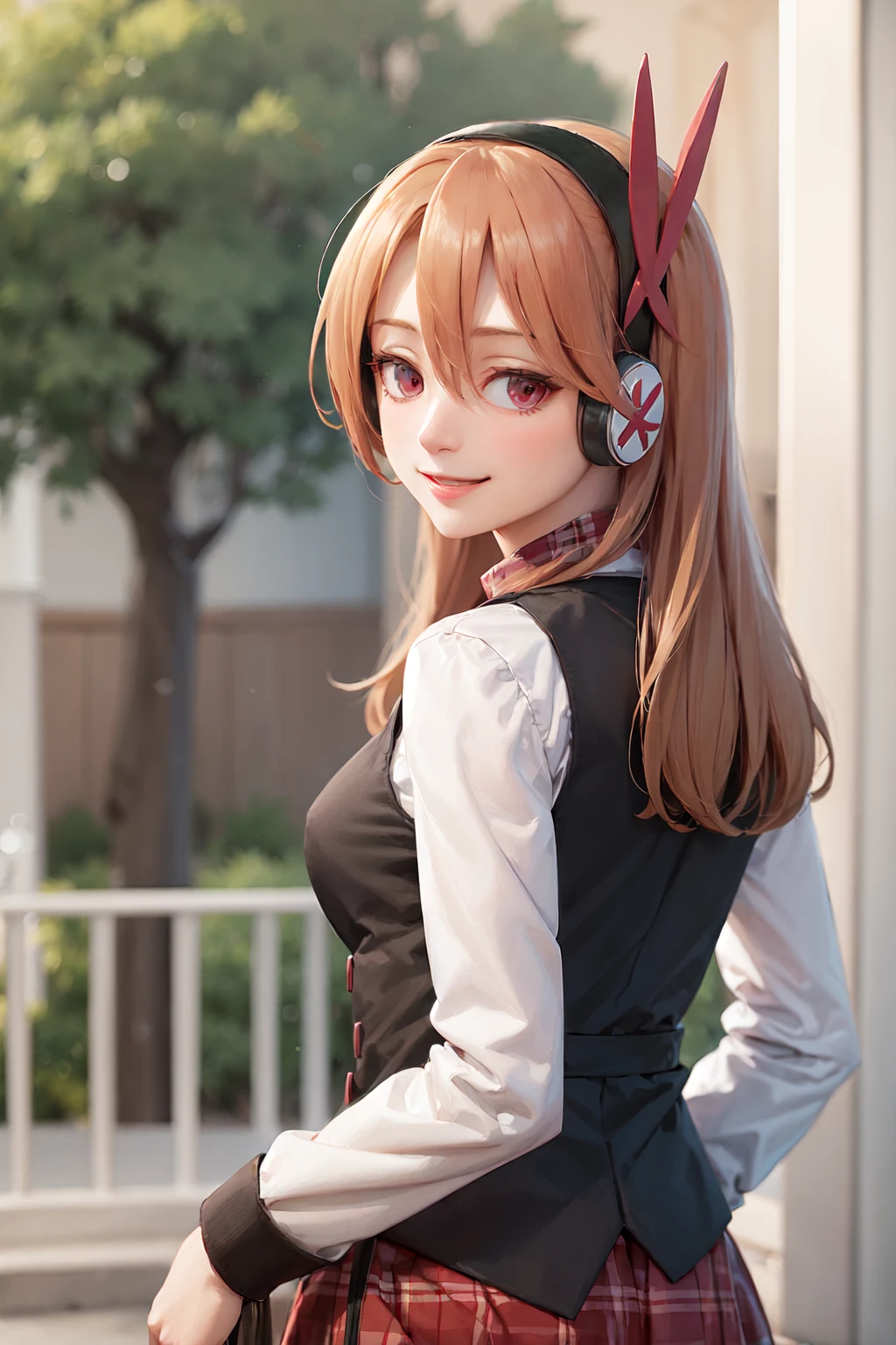 (masterpiece, best quality:1.2), <lora:agk_chelsea-10:0.8>, from behind, solo, 1girl, chelsea \(akame ga kill!\), smile, looking back, headphones, black vest, white shirt, long sleeves, plaid skirt