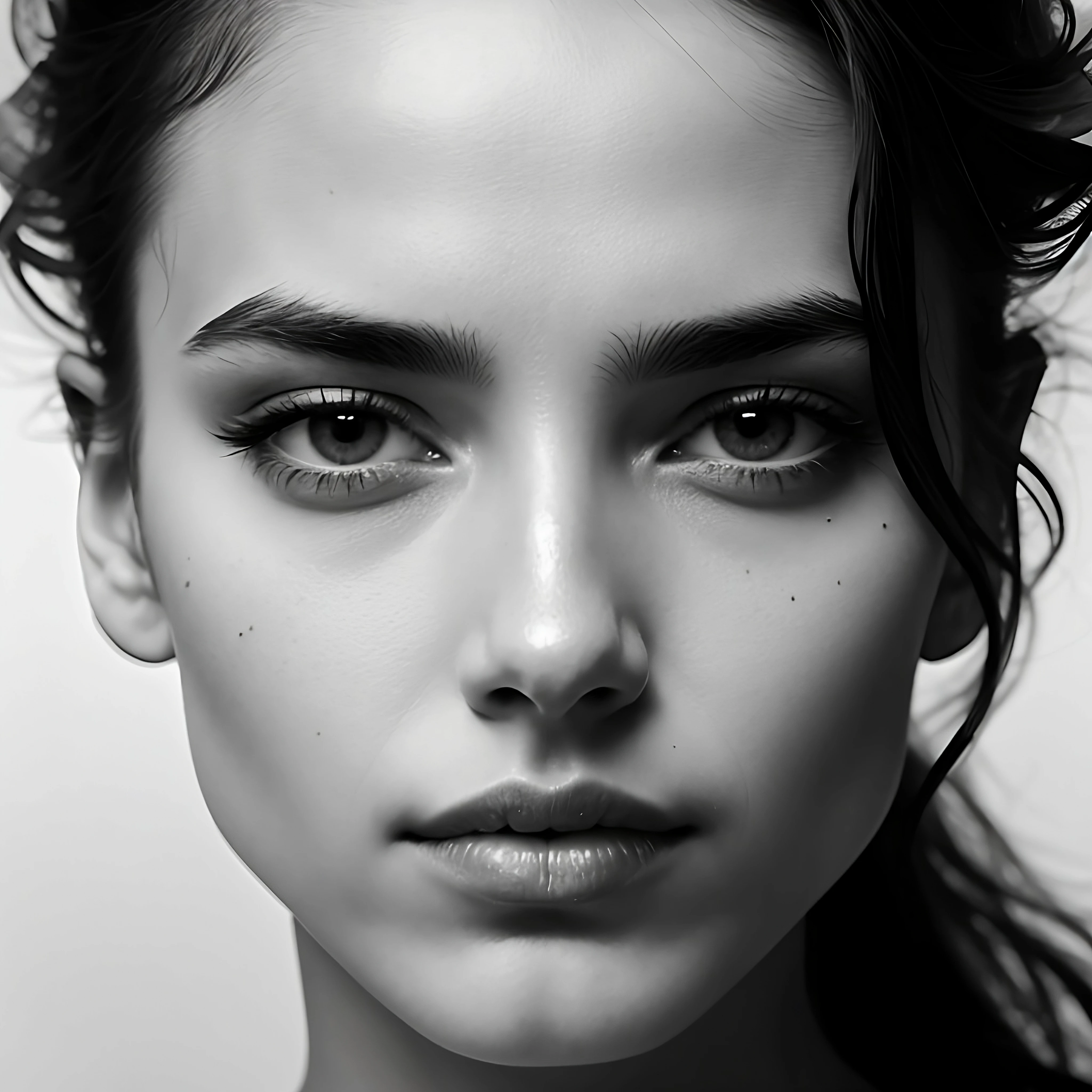 8k uhd, sharp focus, Fujifilm XT3, dslr, masterpiece, RAW photo, high quality, highres, f1.6 lens, (masterpiece, best quality, ultra-detailed, best shadow), hyper detail,best illumination,8k, long hair,(hair flaps),flipped hair,(purple eyes),shaded face,slit pupils,expressionless,pastel colors, (dramatic pose),close-up,trending on ArtStation,((monochrome)),
