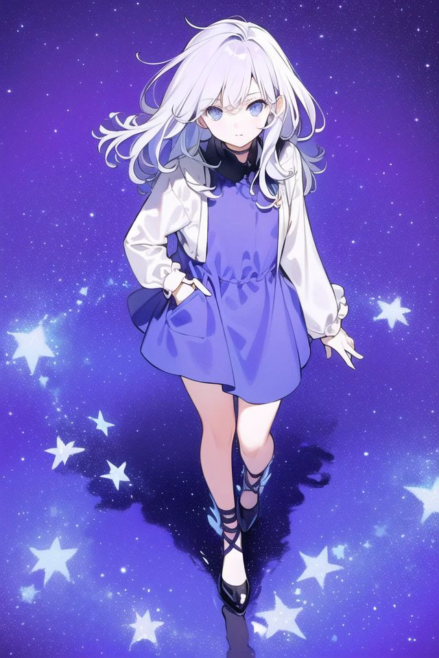 masterpiece,(best quality),(1girl) ,solo,(high contrast:1.2),(high saturation:1.2), ((hands on the pocket)),<lora:ArknightsIrene_hard:0.3>,((black and white sdress)),looking at viewer,((purple and blue theme:1.3)),((purple and blue background:1.5)),white hair,blue eyes,((walking:1.3)),full body,black footwear,((the blue water on ground reflecting the starry sky and nebula and galaxy)),((from above:1.2)) <lora:jX[P|:0.6>