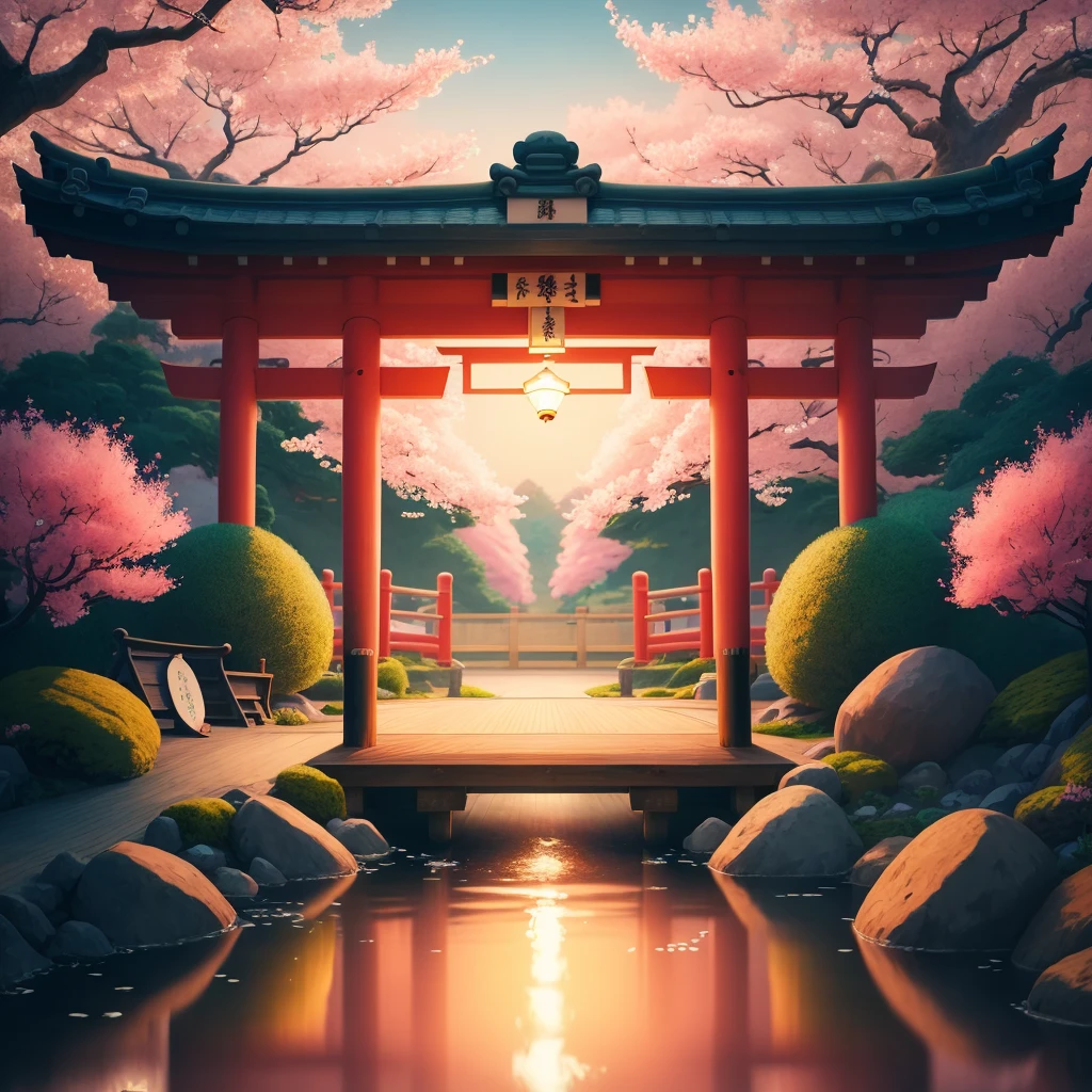 (digital painting),(best quality), serene Japanese garden, cherry blossoms in full bloom, koi pond, footbridge, pagoda, Ukiyo-e art style, Hokusai inspiration, Deviant Art popular, 8k ultra-realistic, pastel color scheme, soft lighting, golden hour, tranquil atmosphere, landscape orientation