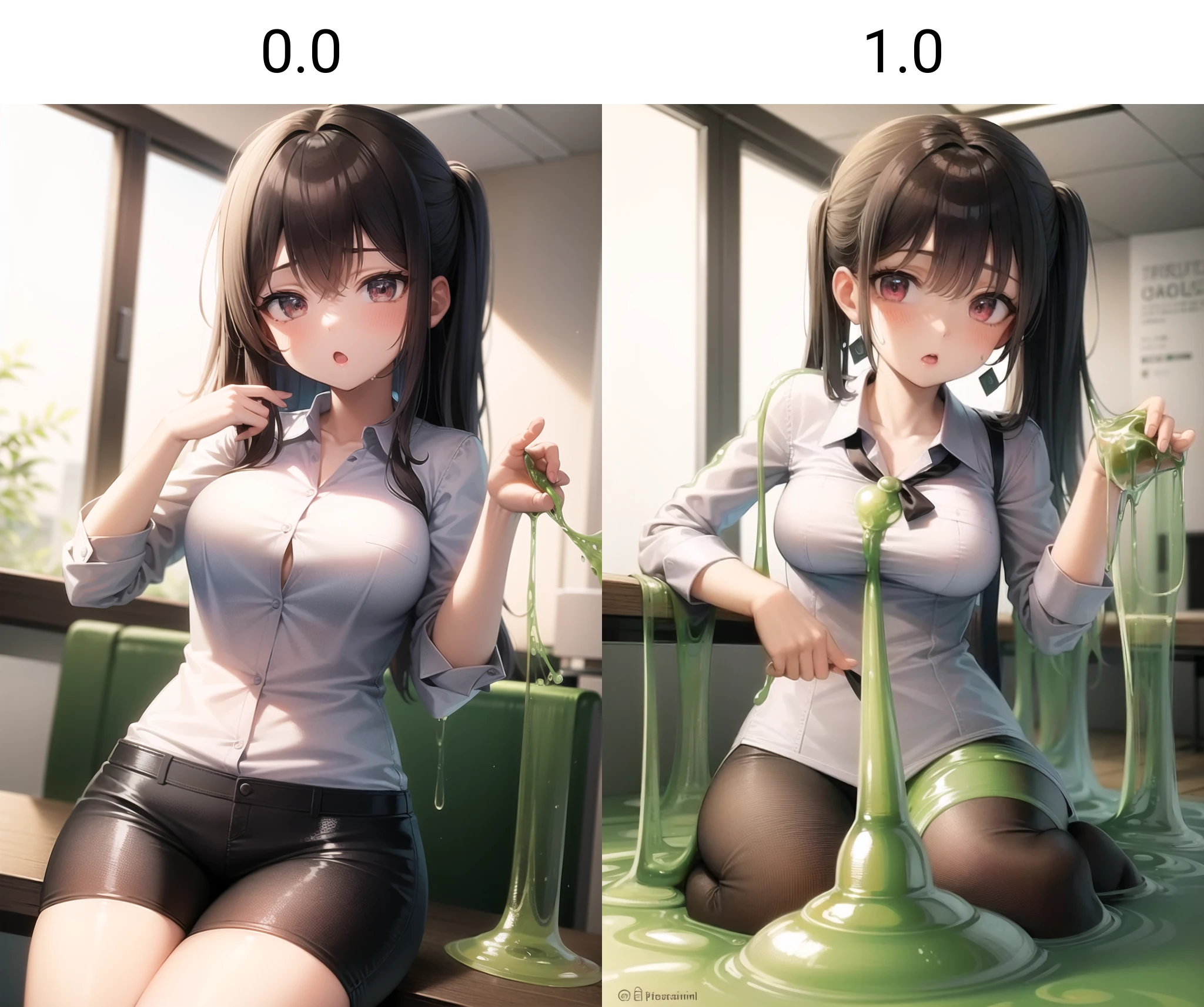 <lora:suggestive_liquid_v1.1:0.0>, 
1girl, dripping, office lady, sitting, desk, slime \(substance\), :o, masterpiece, best quality, highly detailed