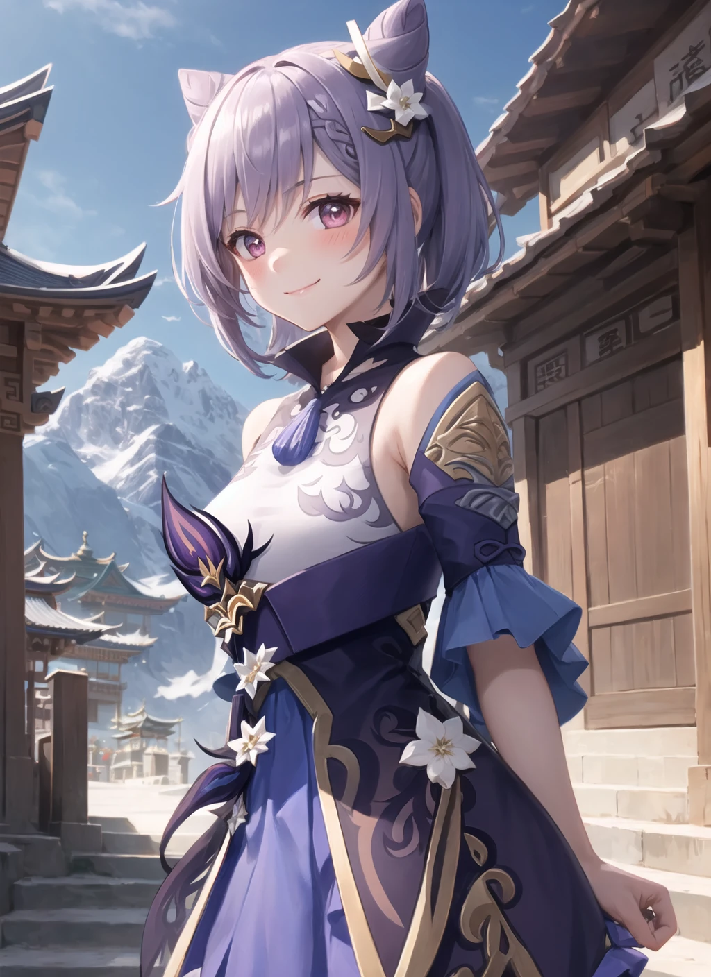 <lora:keqing1-000009:1>, keqingdef, upper body, smile, blush, outdoors, day, simple background, blue sky, short hair, sky, temple, looking at viewer, stairs, mountain, moody lighting, facing viewer,