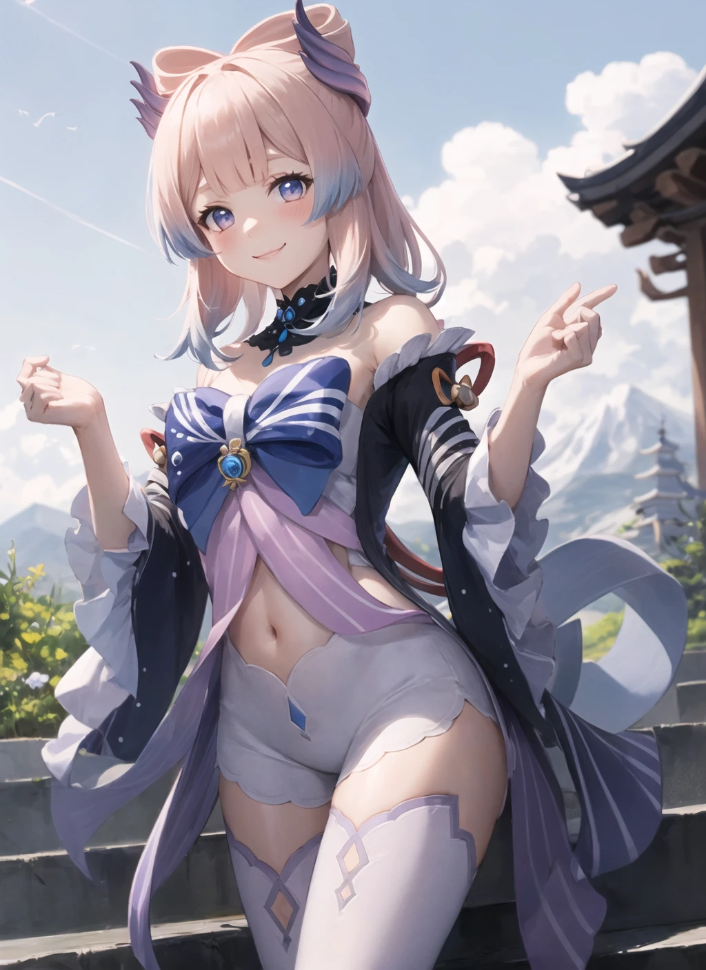 <lora:sangonomiyakokomi1-000008:1>, kokomidef, upper body, smile, blush, outdoors, day, simple background, blue sky, short hair, sky, temple, looking at viewer, stairs, mountain, moody lighting, facing viewer,