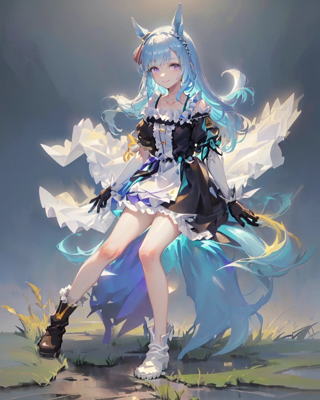 SFW, (grassland), outdoors
mejiro_ardan_SF, 1girl, (solo), horse_ear, horse_tail,light smile, full body
(long hair), (light_blue_hair), purple_eyes, hair ornament, collarbone, (black and whtie frilled dress), center frills, hemline, (uneven sleeves:1.2),detached sleeves, puffy sleeves, [short sleeves:long sleeves:0.2], (uneven gloves:1.2), (one hand wears black glove and the other one wears white glove),  (uneven_boots:1.2), (ankle boots), (uneven legwear:1.2)
