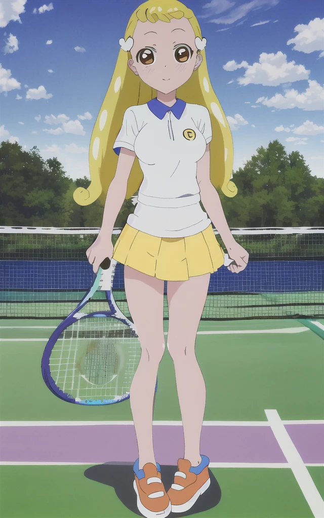 1girl, solo, (full body), highest quality, ((high detail:1.2)), (HDR), (cinematic light:1.1), highres, blonde hair, long hair, (twintails), hair intakes, brown eyes, dot nose, ( tennis uniform ), (medium breasts), looking at viewer, blue sky, school, <lora:hana_makihatayama:0.8> , (makihatayama_hana), standing, <lora:AnimeStyleLoraWith_v10ForAnythingV40:0.6>, shade, anime keyvisual, magazin collage, megami magazine
