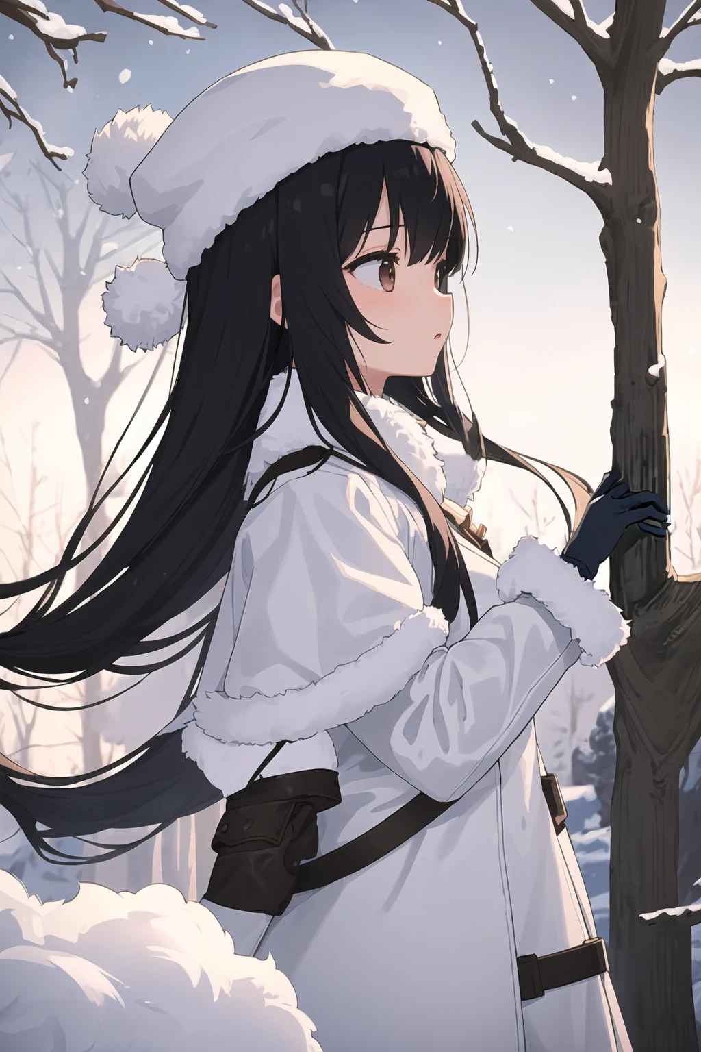 best quality, masterpiece,1girl,snown,tree,muffler,fur gloves,breath,from side,white fur hat,black hair,long hair