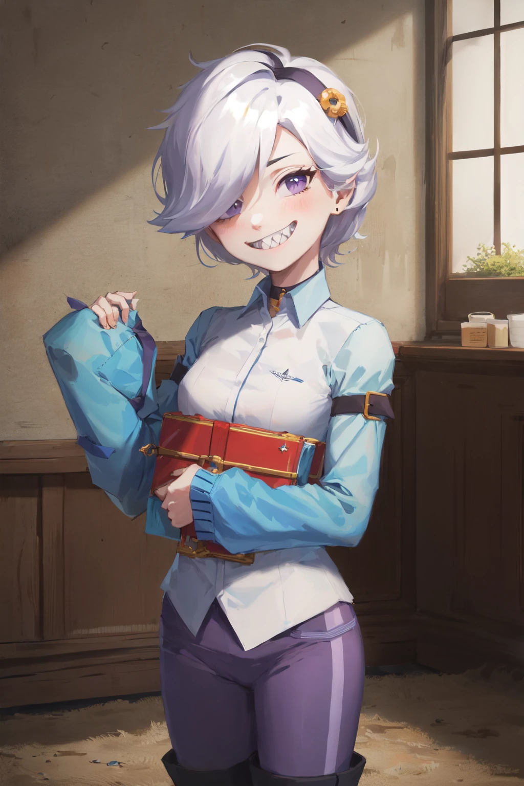 (masterpiece, best quality:1.2), <lora:bs_colette-10:0.8>, cowboy shot, solo, 1girl, colette, sharp teeth, grin, looking at viewer, white hair, shirt, sleeves past wrists, purple pants, boots