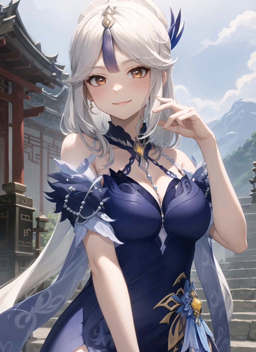 <lora:ningguang2-000010:1>, ningguangorc, upper body, smile, blush, outdoors, day, simple background, blue sky, short hair, sky, temple, looking at viewer, stairs, mountain, moody lighting, facing viewer,