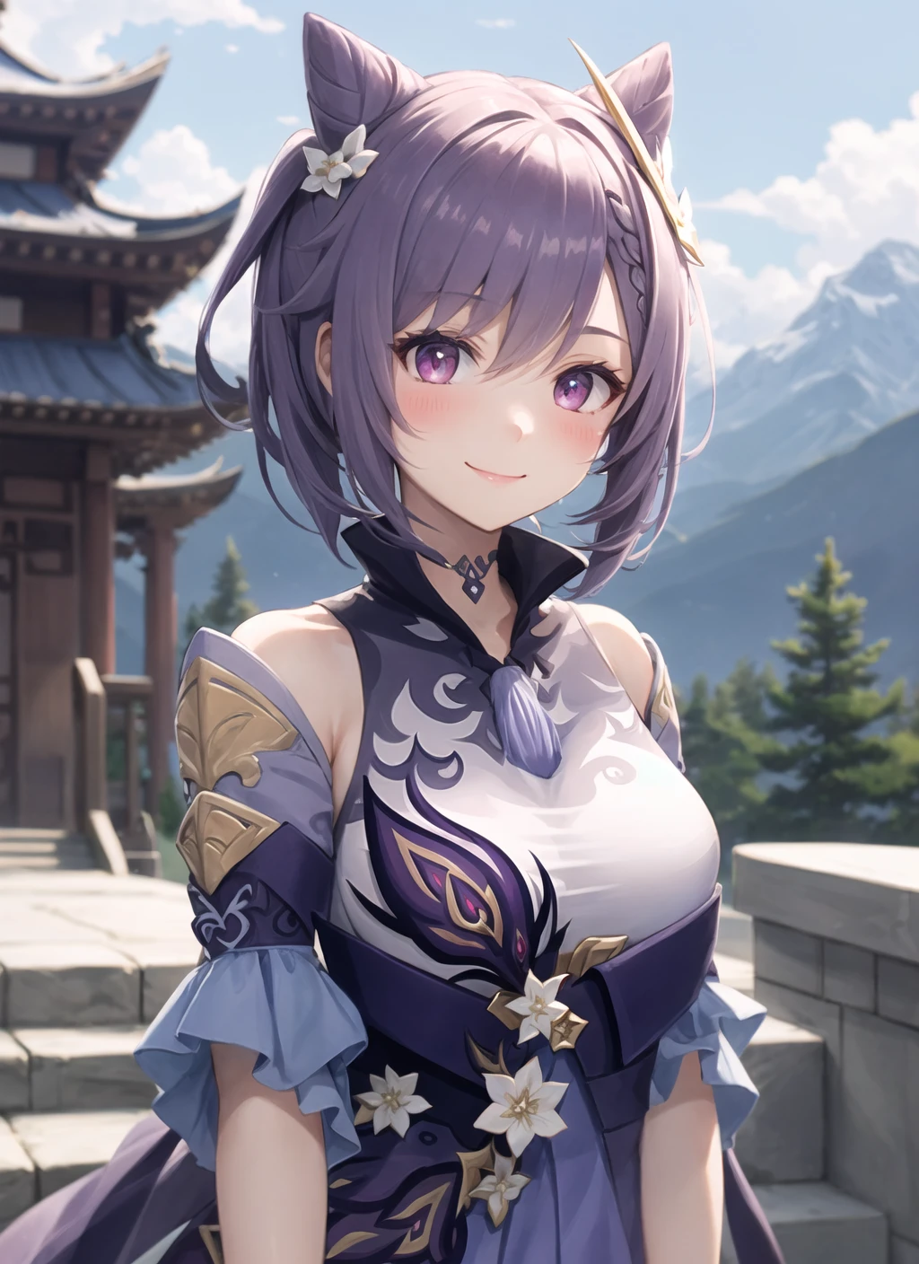 <lora:keqing1-000009:1>, keqingdef, upper body, smile, blush, outdoors, day, simple background, blue sky, short hair, sky, temple, looking at viewer, stairs, mountain, moody lighting, facing viewer,