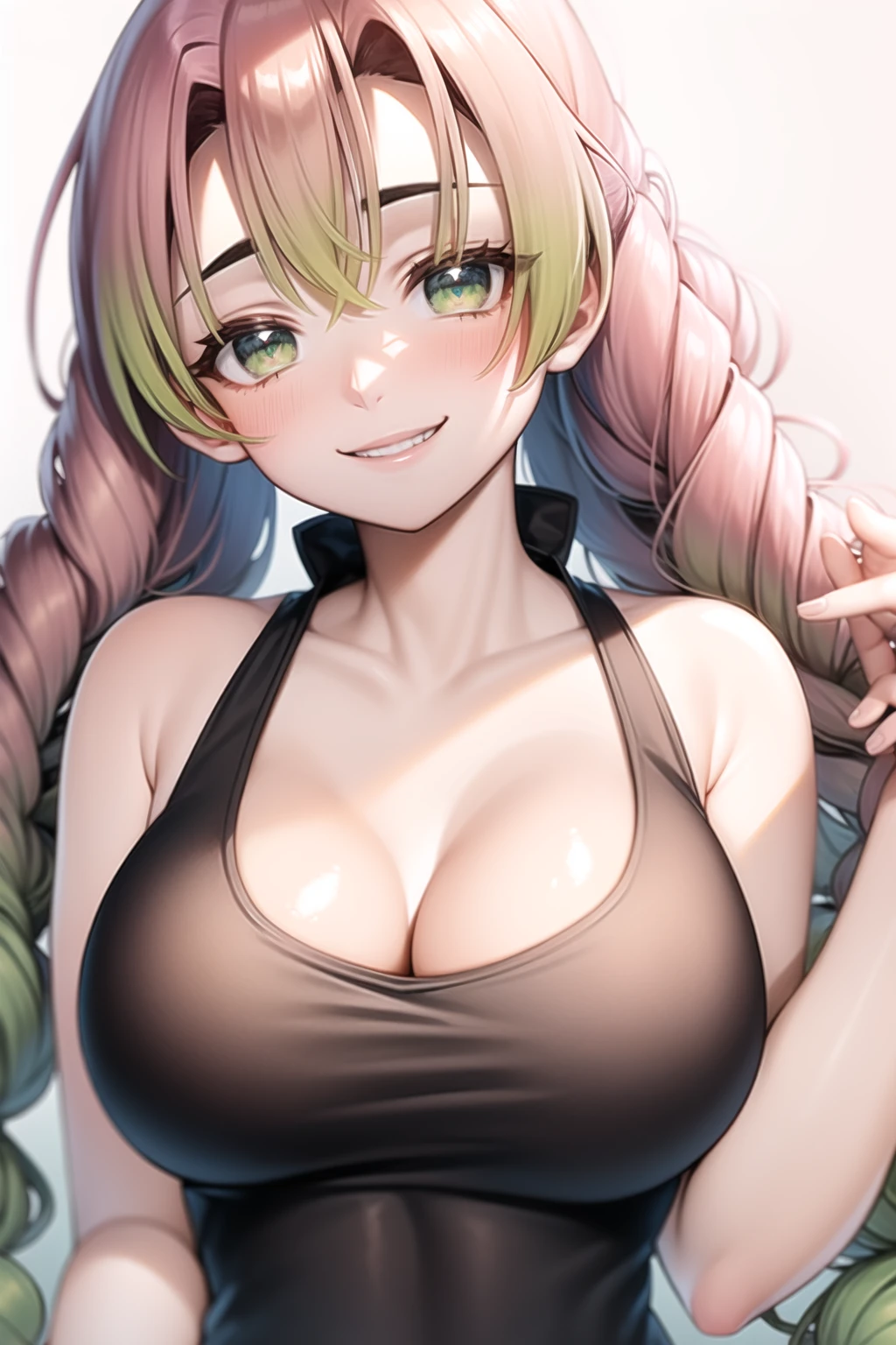 (mature woman), kanroji mitsuri, mitsuri kanroji, mitsuri (anime: demon slayer), female character kanroji mitsuri, long braided hair, long hair, long gradient hair pink to green, multicolored hair pink to green, pink hair, twin braids, two-tone hair, braid, gradient hair (pink to green), hair pink to green, gradient hair, perfect green eyes, green eyes, beautiful eyes, perfect figure, feminine body, great breasts, good body, wearing(pink underwear, pink panties, pink bra), pink bra, pink panties, panties & bra, bra, panties, pink underwear, 8k image, perfect image, masterpiece, extremely detailed, best quality,