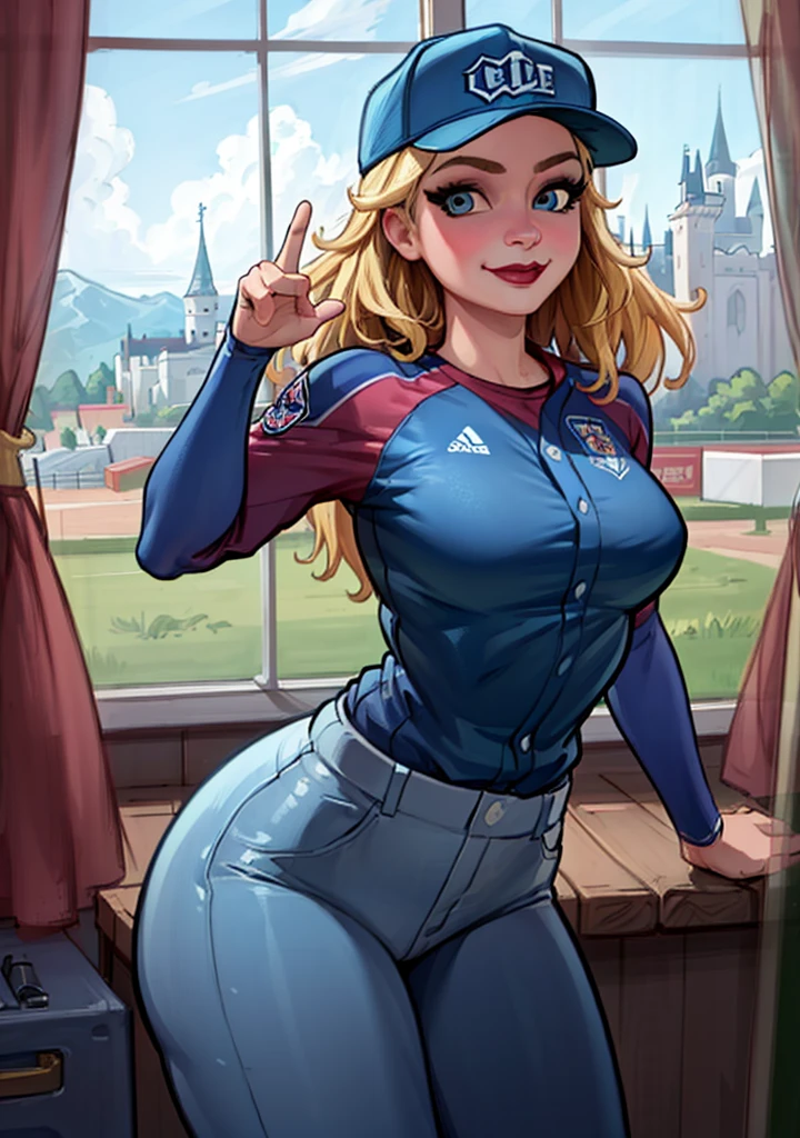 (ElsaWaifu:1), smile, cute, cute pose, looking at viewer, thick thighs, curvy, (baseball uniform),

(realistic:1.2), (realism), (masterpiece:1.2), (best quality), (ultra detailed), (8k, 4k, intricate),(full-body-shot:1),(Cowboy-shot:1.2), (85mm),light particles, lighting, (highly detailed:1.2),(detailed face:1.2), (gradients), nsfw, colorful,(detailed eyes:1.2),

(detailed ladscape, castle, furniture, window:1.2),(detailed background),detailed landscape, (dynamic angle:1.2), (dynamic pose:1.2), (rule of third_composition:1.3), (Line of action:1.2), wide shot, daylight, solo,

 <lora:Elsa_character-20:0.6>  <lora:reiqStyleLORA_v2:0.6>