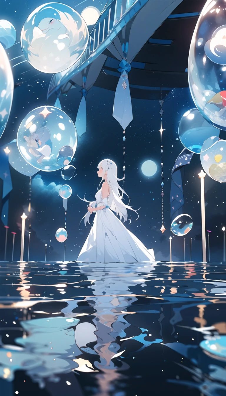 1girl, dress, moon, solo, standing, bubble, profile, silhouette, water, reflection, long hair, very long hair, hair ornament, white dress, bare shoulders, detached sleeves, blue hair, from side, full body, wide sleeves, white hair