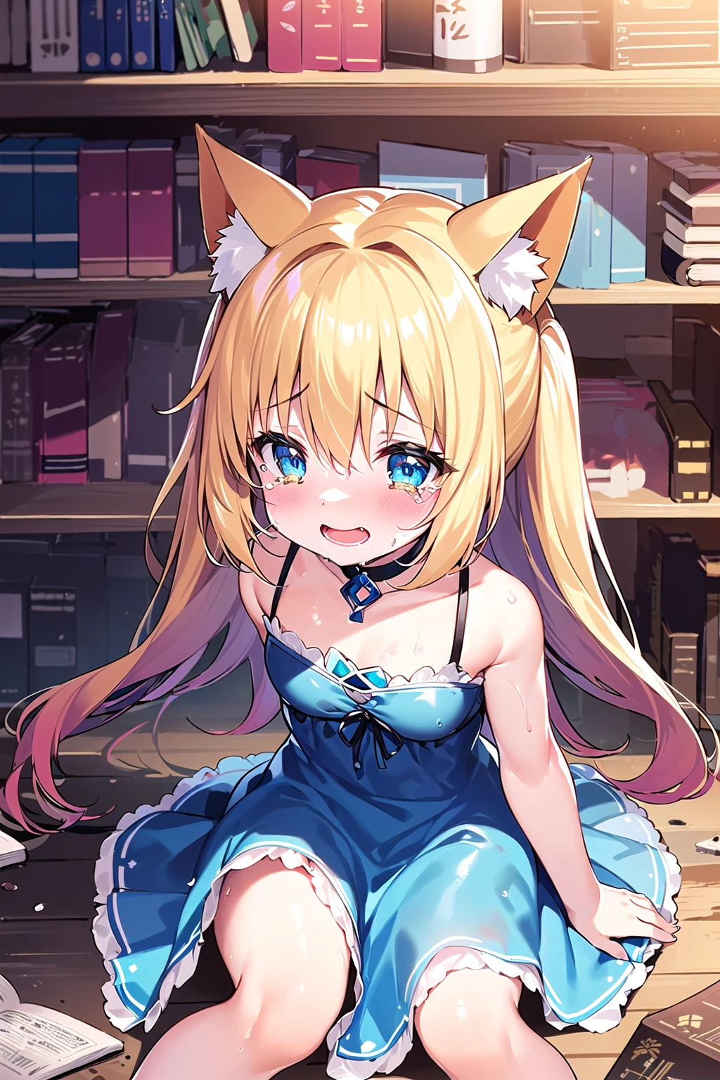 (1 girl sits on the ground, shedding tears, dress is torn and dirty, the girl is in pain, the clothes are all wet.),yellow hair,blue eyes,cat_ears, (Three people next to her are wearing blue dresses, laughing) At night, bookshelves, books
 <lora:baiyu3:0.4:face>